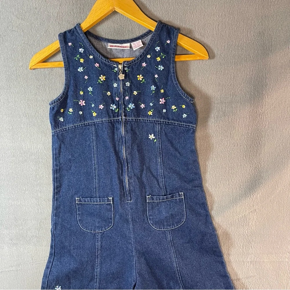 Vintage Girls Denim Romper Overalls Jumper L/14 Badge Floral Embroidered 90s